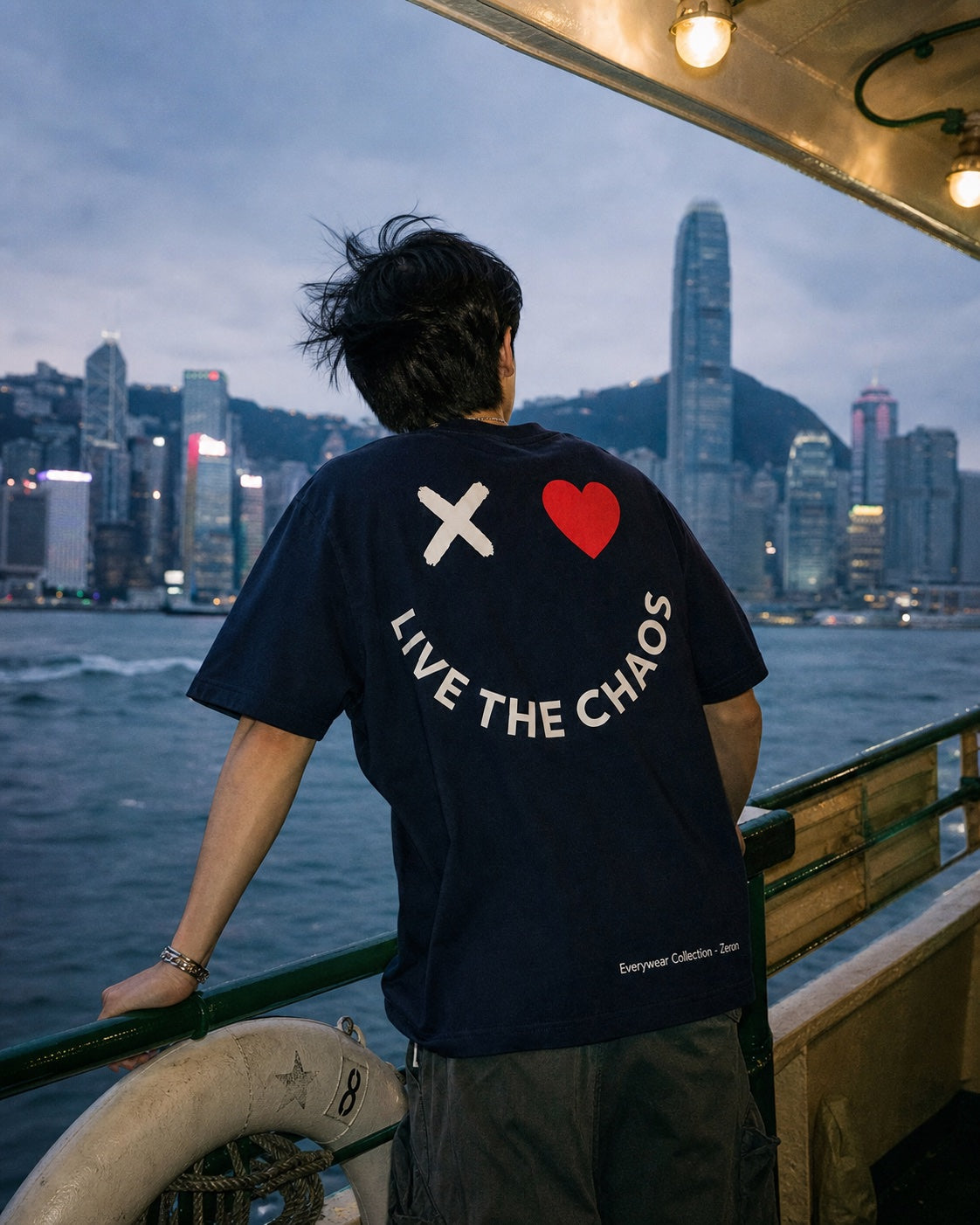 Customer wearing a Zeron T-shirt on a Hong Kong ferry