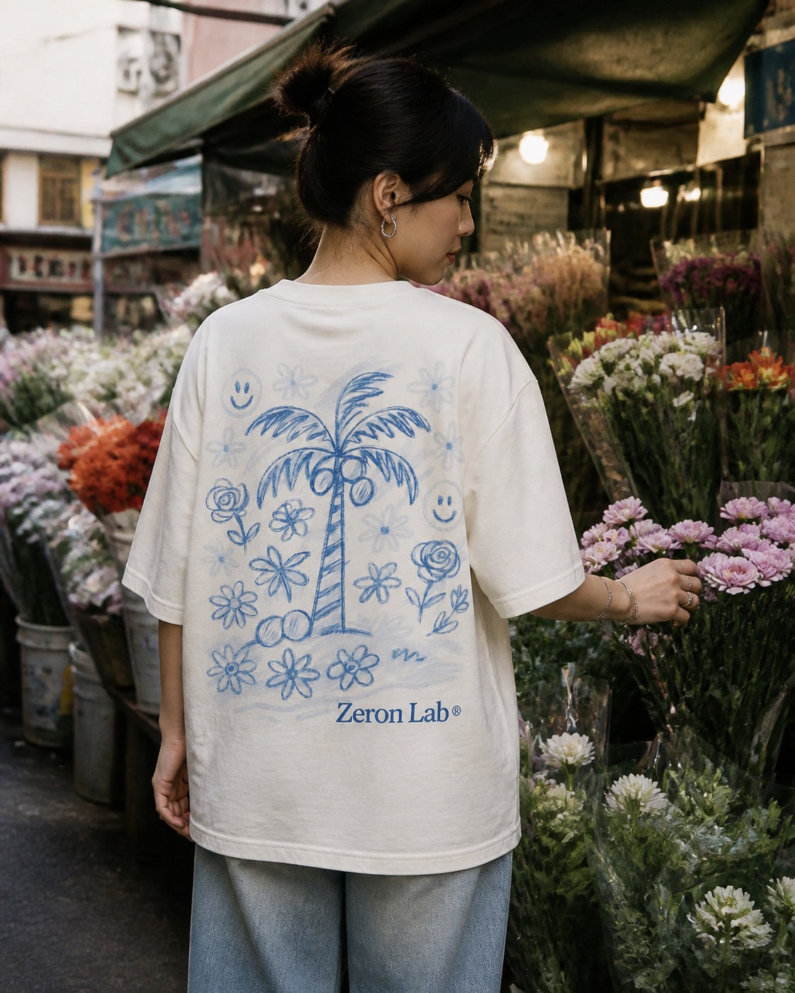 Customer wearing a Zeron T-shirt at a Hong Kong flower market
