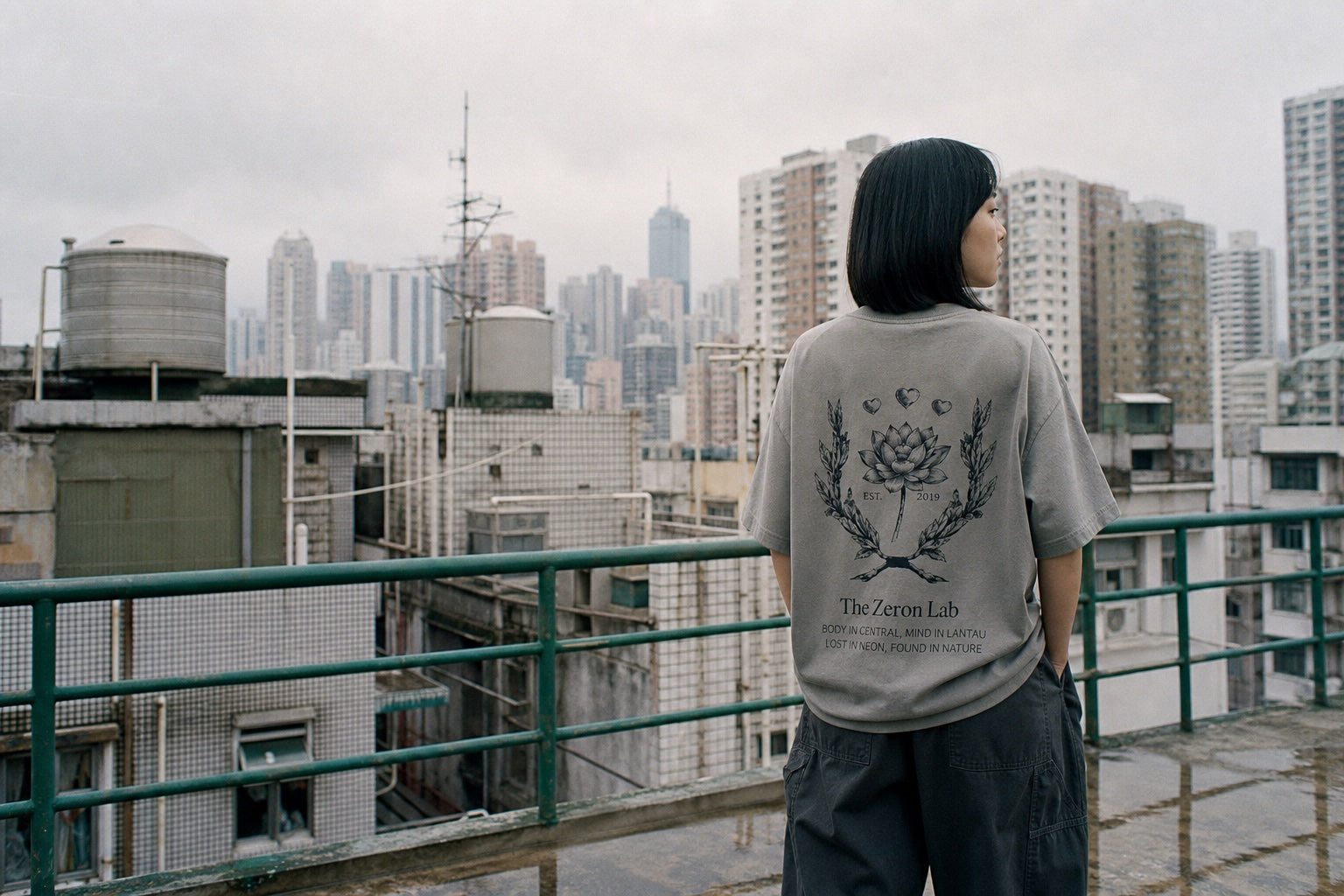 Woman wearing the Zeron Lotus T-shirt on a Hong Kong rooftop